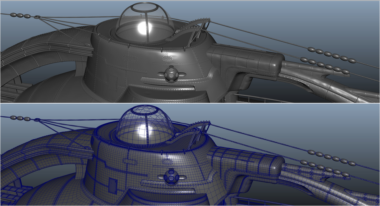 maya screen grab of the Sub I modeled. It was modeled old school all in maya no displacements. resolution was needed to sculpt the panels. There are 60000+ rivets. Model is also water tight for water sims.