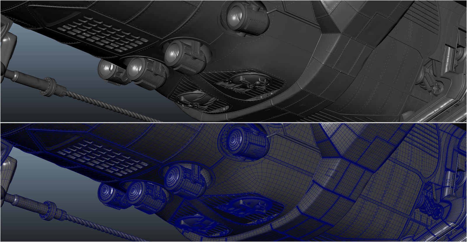 maya screen grab of the Sub I modeled. It was modeled old school all in maya no displacements. resolution was needed to sculpt the panels. There are 60000+ rivets. Model is also water tight for water sims.