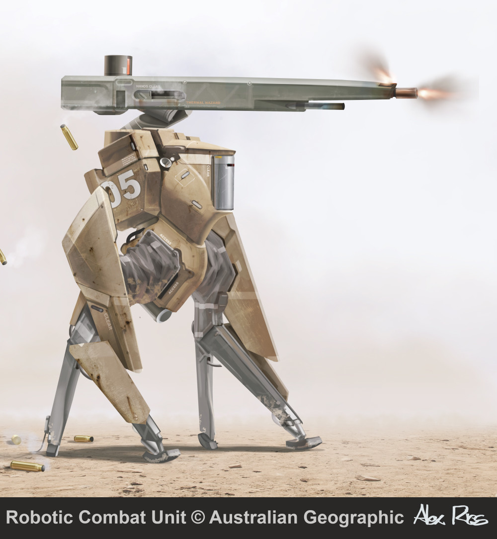A military drone able to move quickly in bipedal mode, before converting to a stable firing/turret configuration