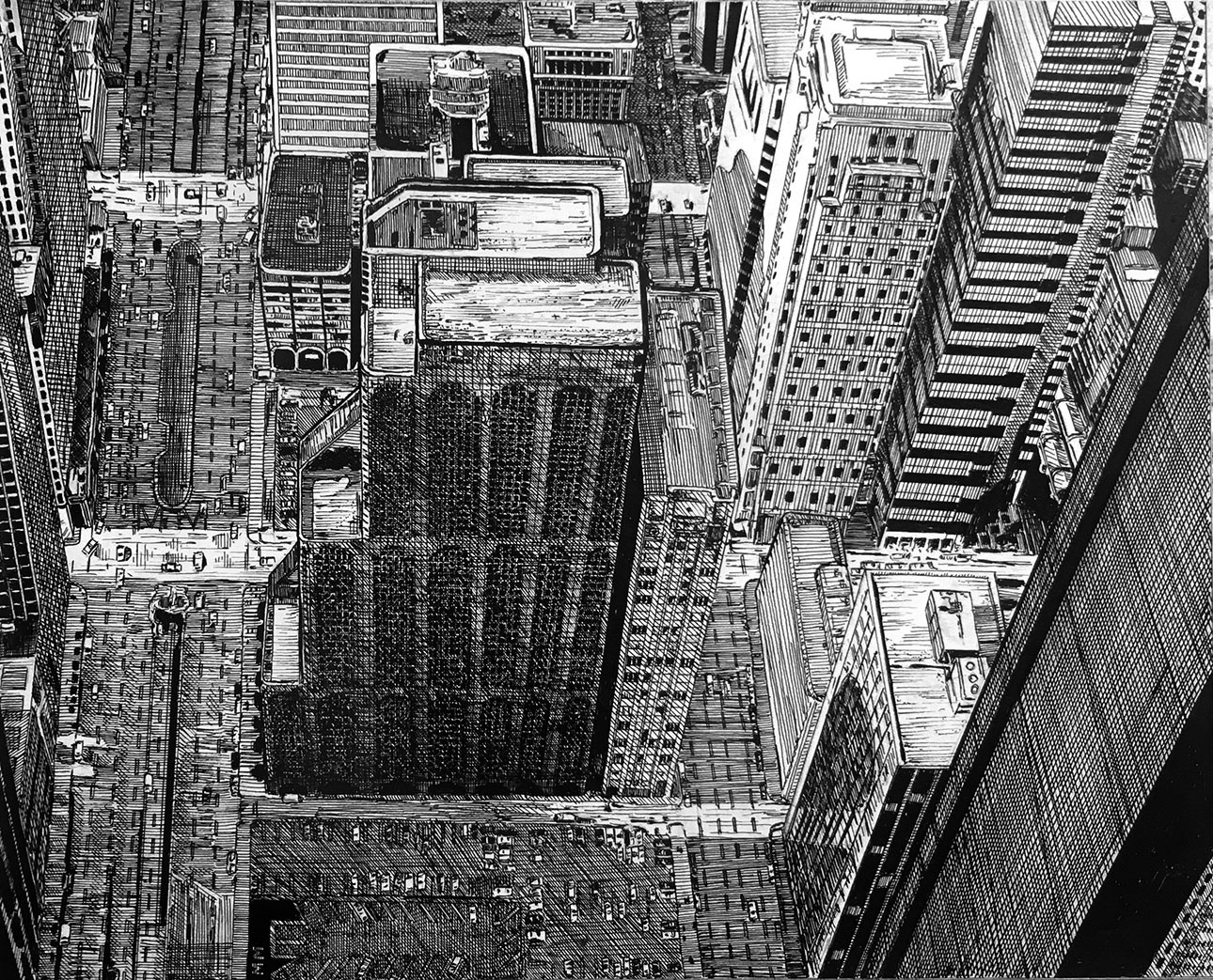 8" x 10" pen and ink drawn from a photo I took on the Sears Tower (now Willis Tower) skydeck in Chicago.
