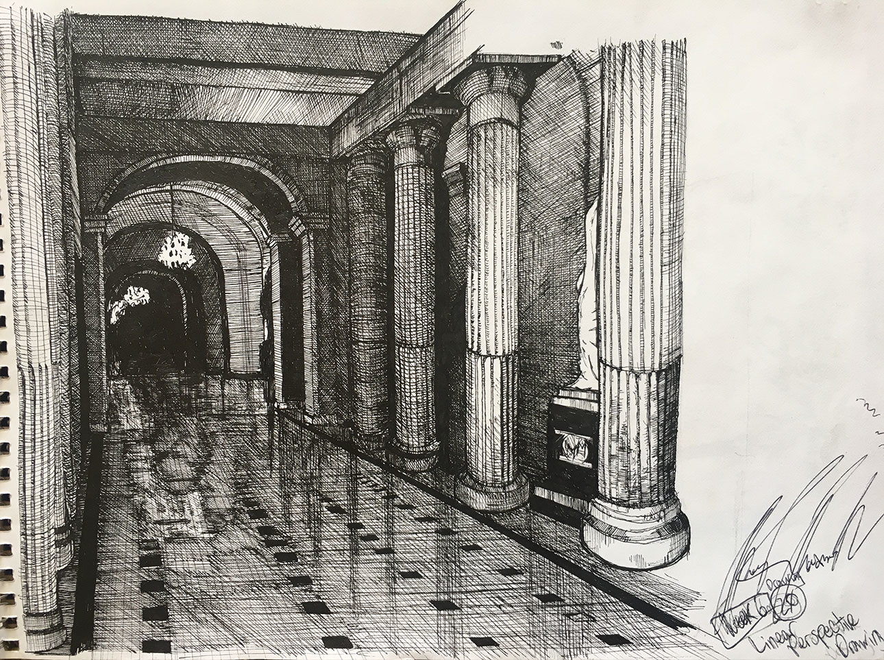 8" x 10" sketchbook drawing done from a photo I took inside the D.C. Capitol Building.  The perspective is off on the columns but I was rushing to get it done for a class. 