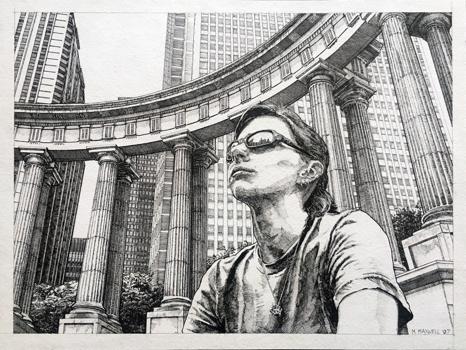8" x 10" pen and ink referencing a photo taken of a friend in Chicago. 