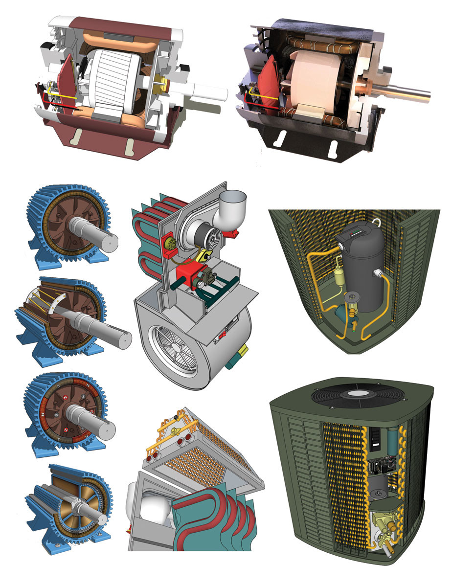 These are 3D images extracted from use in various book interiors. They were models created in SketchUp and output as EPS files for use in Illustrator. The rendered one in the upper-right was rendered using Thea Render.