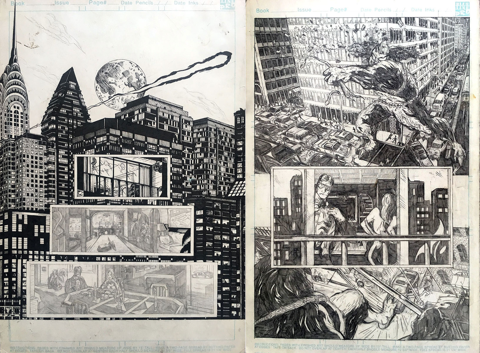 This is a 2-page spread done for Glass Door Graphics years ago. It was drawn to a sample X-Men script. I had started to ink page 1 for my own gratification but never finished. This was right before I switched to tech pens to do cityscape illustrations.