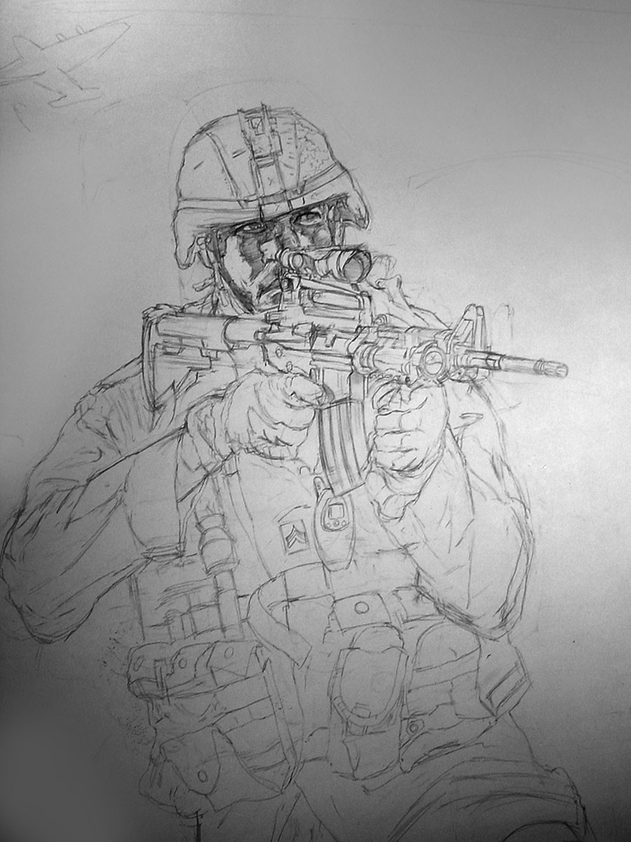Pencils of the central Soldier roughed in at full scale 27" x 41" on bristol board