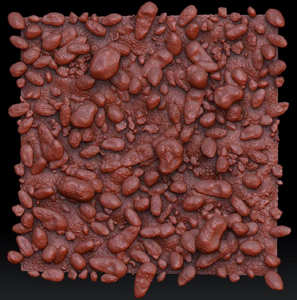Original Tiling setup as modeled in Z-Brush. Done with 5-6 different rock subtools I created as well as some custom alpha brushes.