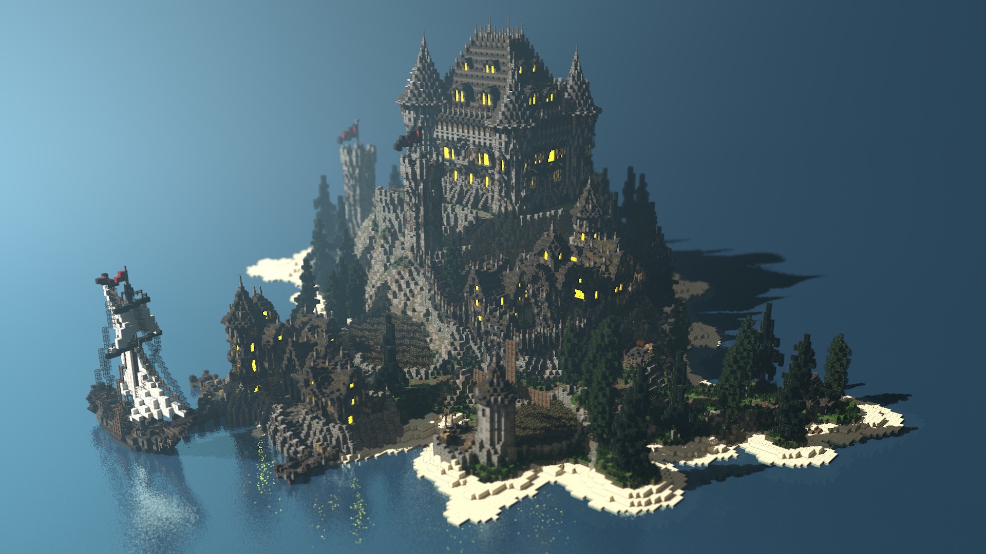 Fantasy medieval castle on a small island. 