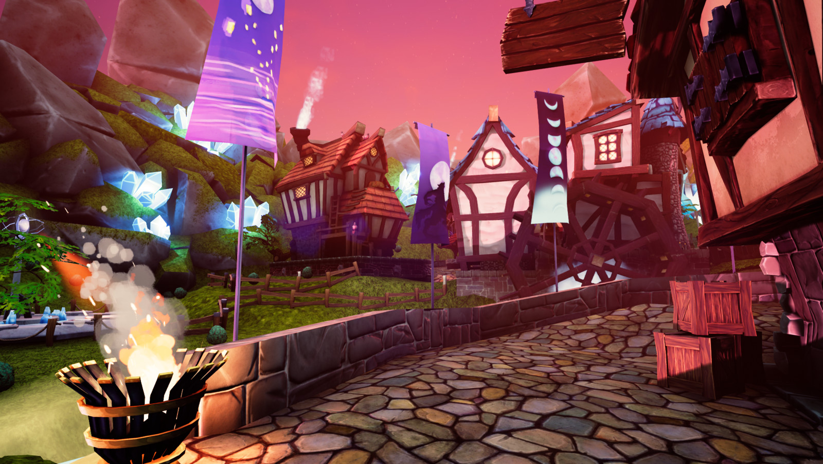 The stylized flame effects where great fun to produce and the mill in the background is the house building I built for this group project.