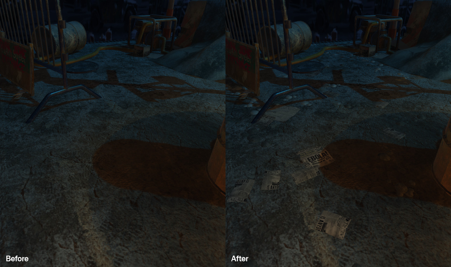 Before and after procedural detail prop placement