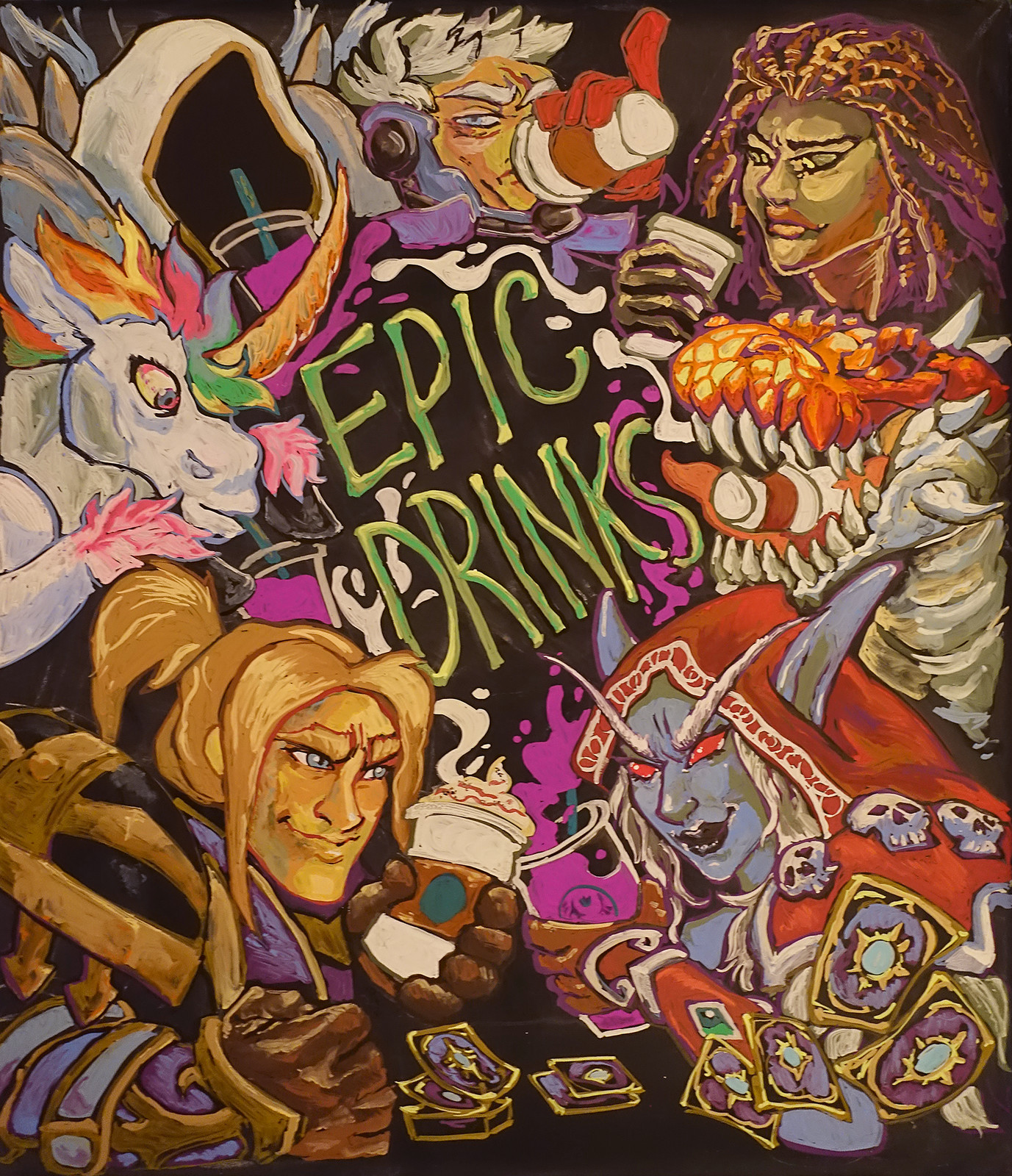 The first chalk sign I did at Blizzard, done overnight! I only expected it to be up for a month! If I had known it would be so popular and stay up so long I wouldn't have rushed my sad excuse for a Kerrigan in the corner. 