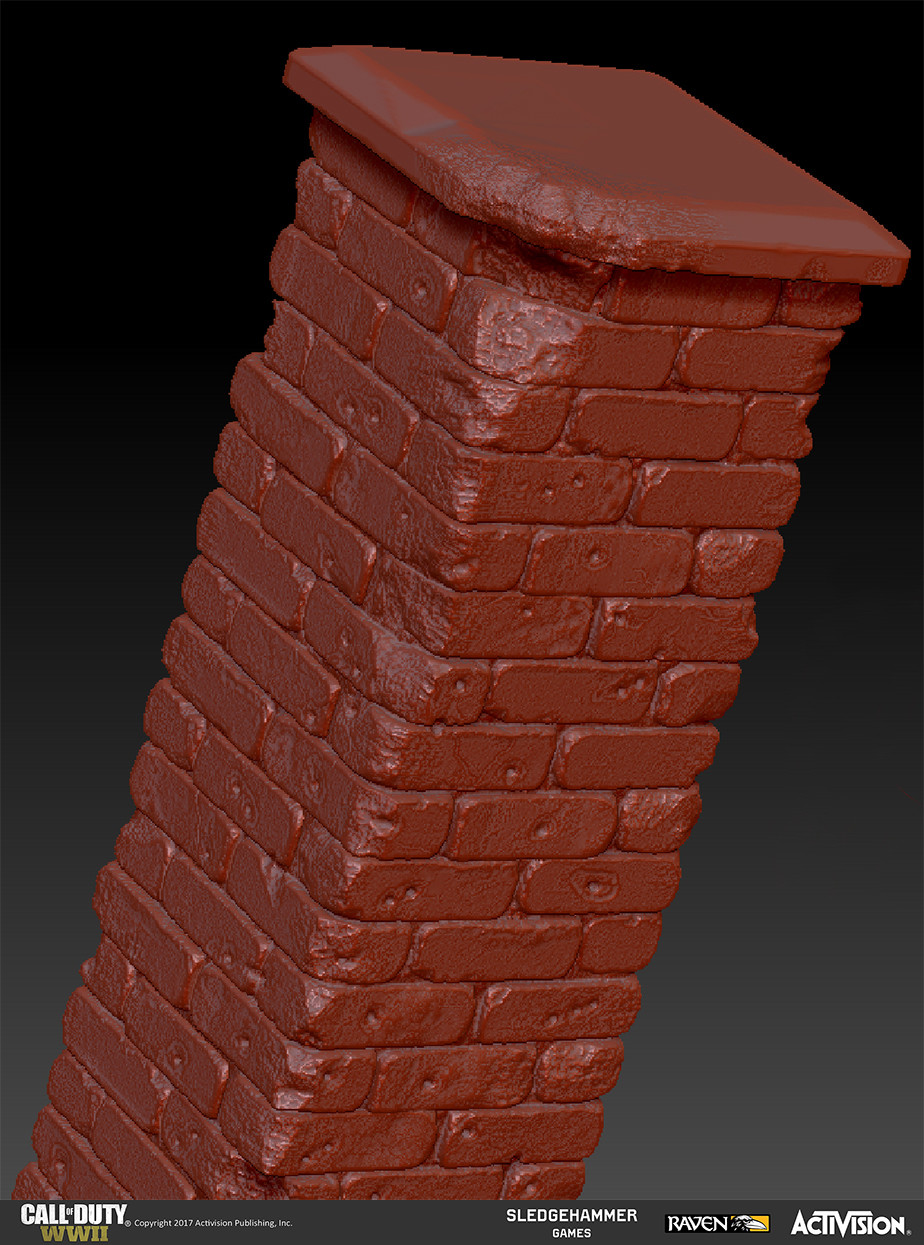 Created damaged brick column model in Z-Brush; in this image the top cap was created as a separate sub-tool to allow for vertical tiling of the brick model where necessary.