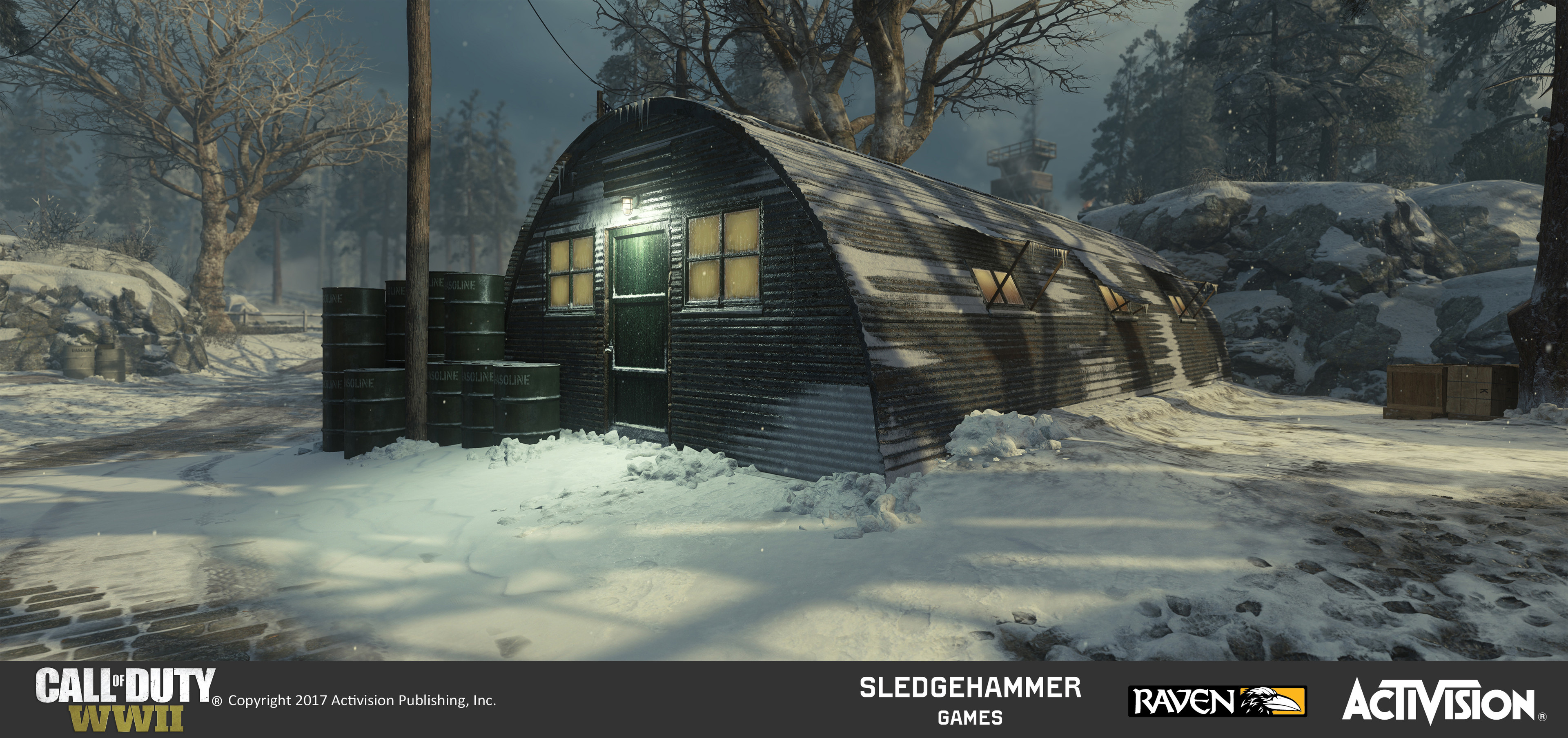 Quonset huts: Finished model of Quonset hut model in map after creating and painting its materials in Substance painter. Also responsible for terrain work in entire area around it.