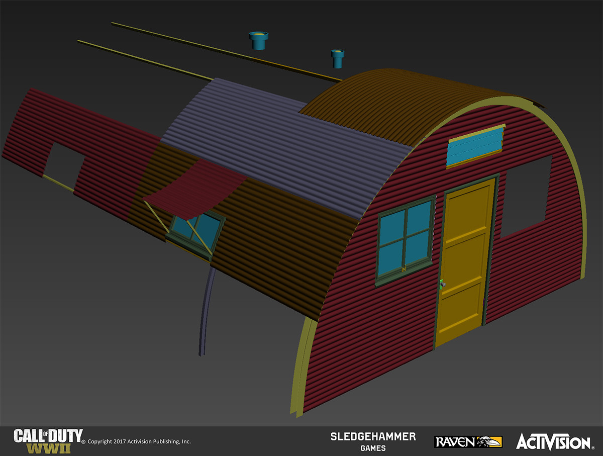 Quonset huts: This is the high-poly model for the Quonset hut. These are the unique pieces that were created. The majority of the curved corrugation was kept intact in the low poly to add subtle silhouette value and make the metal very believable.