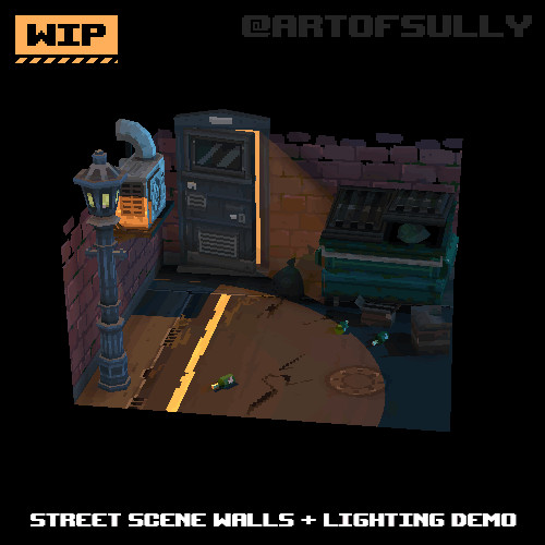 3D Pixel-Art Street Scene Walls + Lighting Demo (WIP) (Commission)