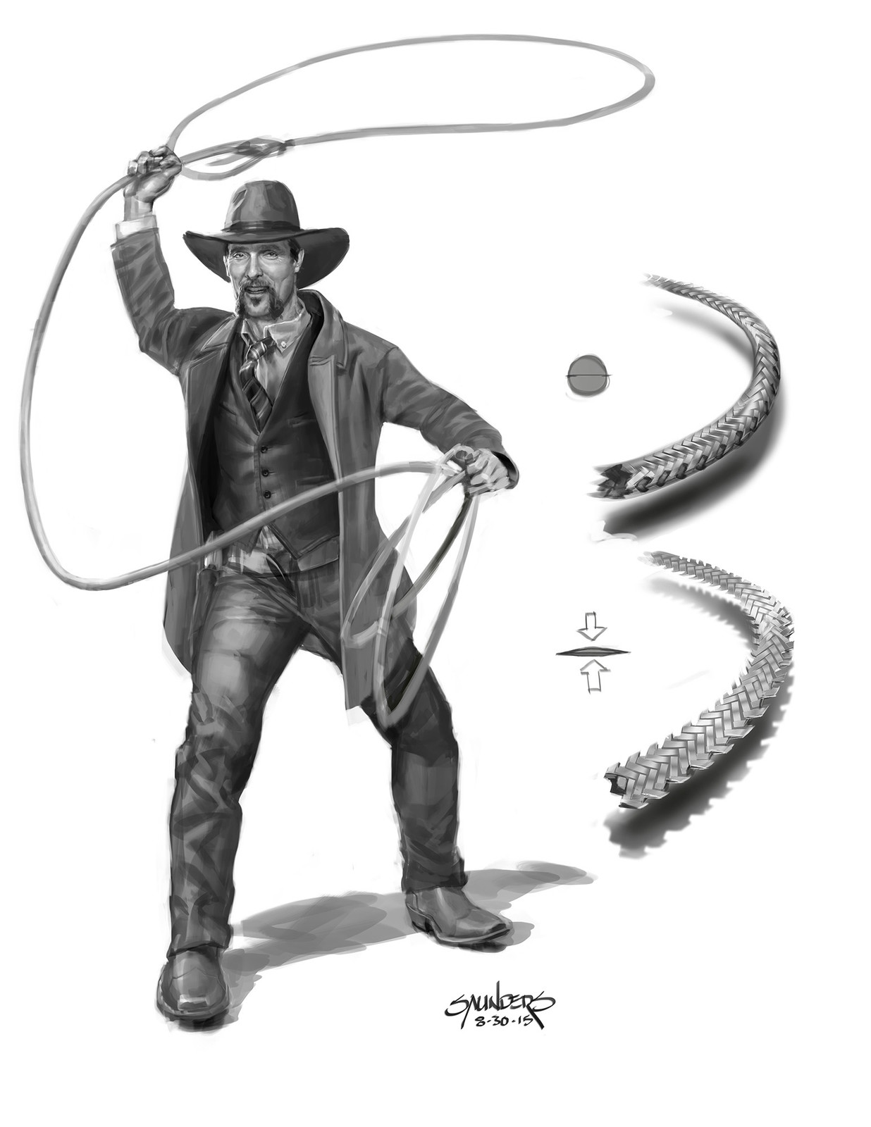Another pass at Champagne, this time with the lasso ultimately used by Tequila. Originally it would have been a hollow braided steel tube that could flatten into something like razor wire to decapitate or slice victims in half. 