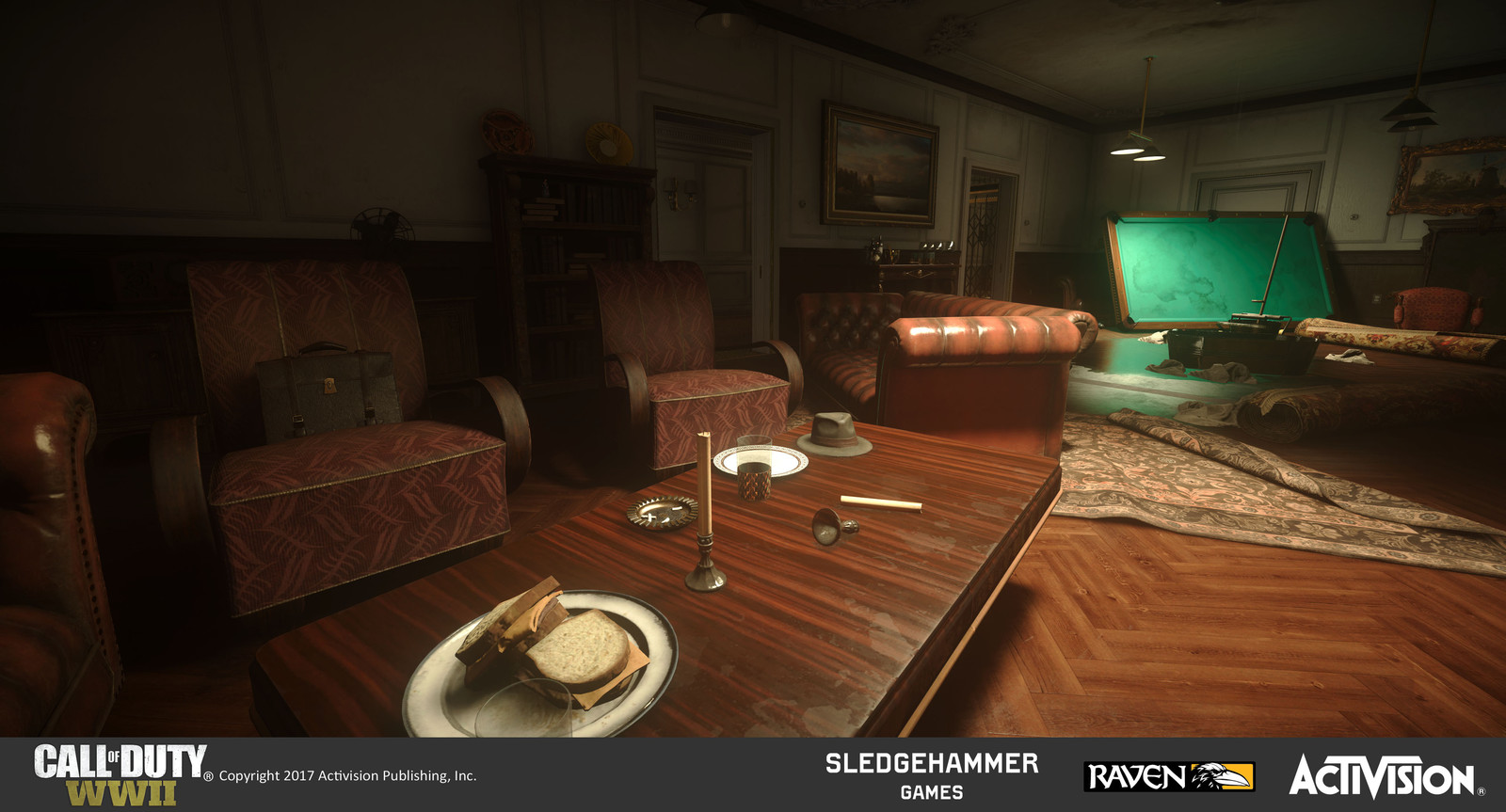 Lounge with overturned pool table. Created all interior architecture in-engine. Set dressed using a combination of original assets (coffee table) and existing assets and materials.