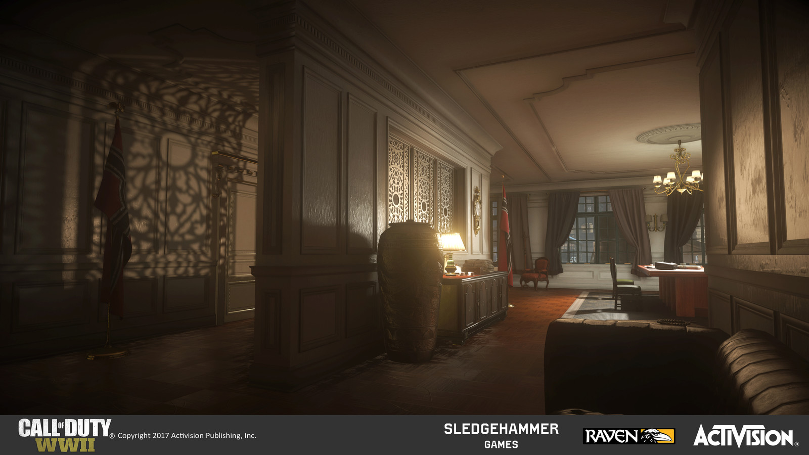 Conference Room. Created all interior architecture in-engine. Set dressed using a combination of original assets and materials (sideboard, wood screen, wood floors) and existing assets and materials.