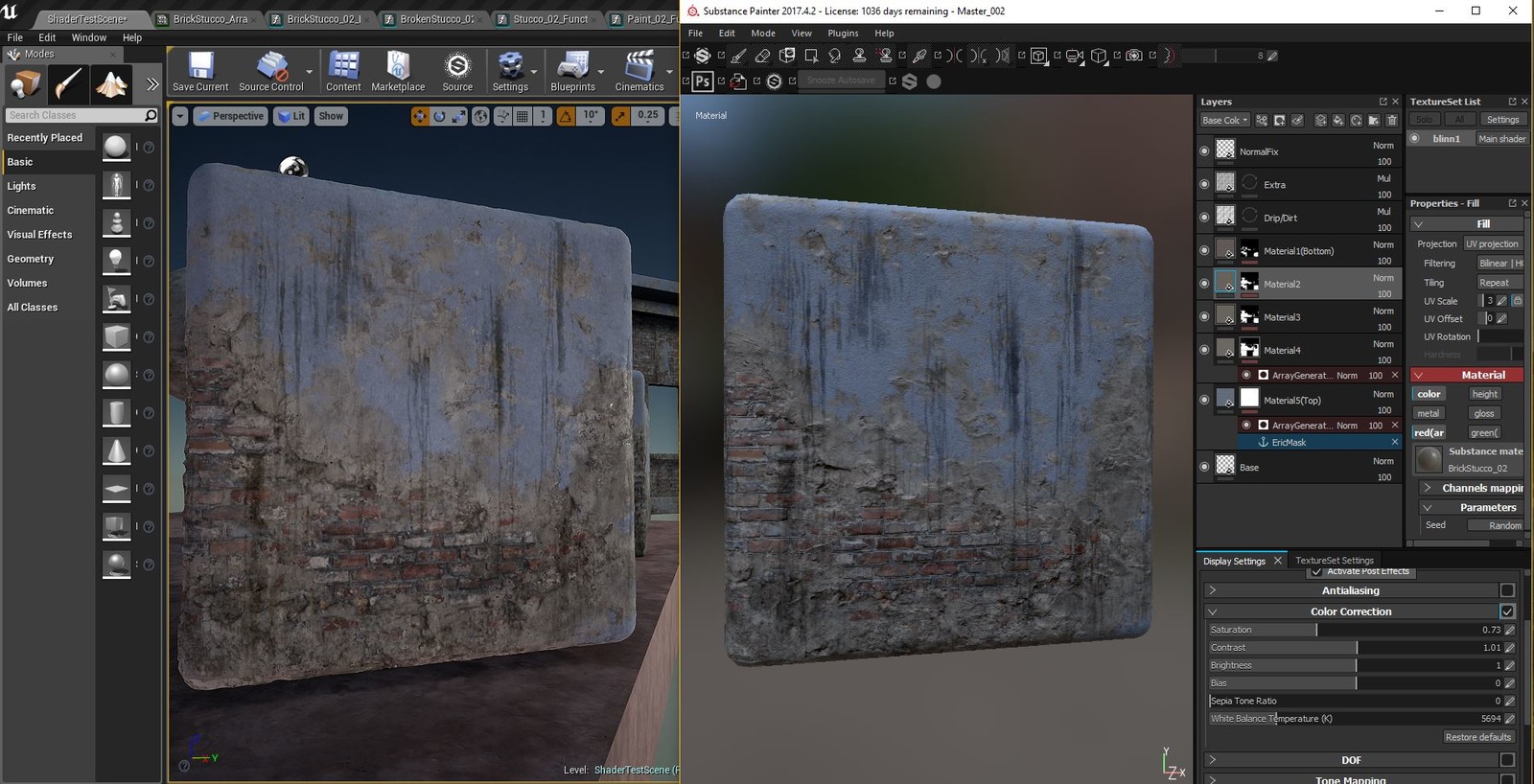 Comparison between painting in substance painter and the result in UE4. 

I basically had to copy the math created in UE4 somehow and make it paint the exact same way inside of Substance painter. I think it worked out successfully. 