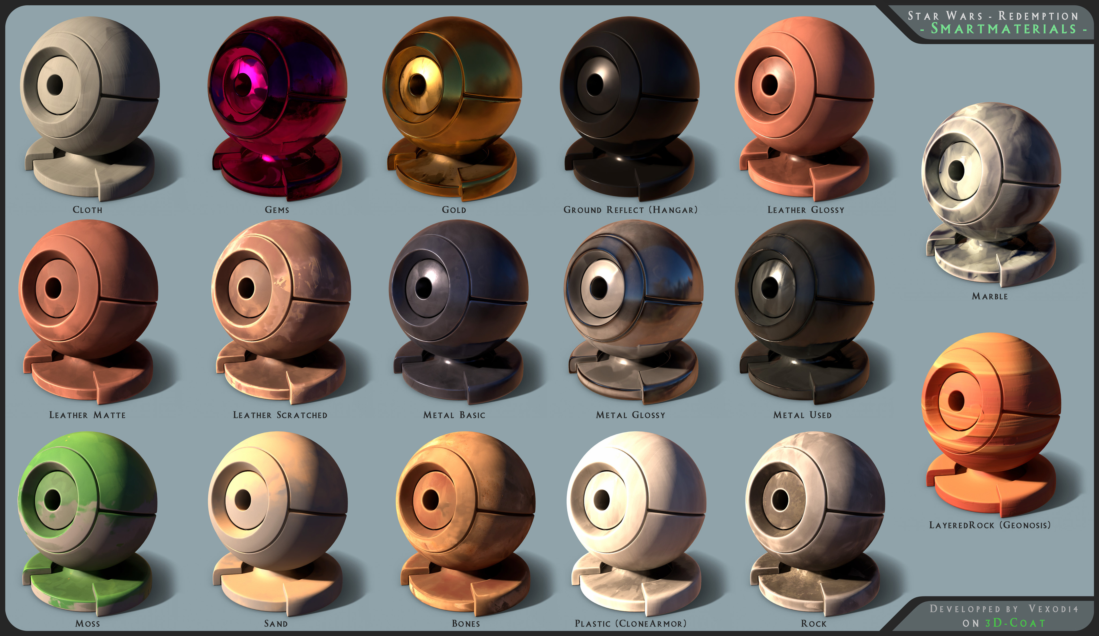 Star wars Redemption's Smartmaterials (not all are rendered here). It's all made on 3D-Coat. I first draw several tileable "noise" but by hand, so they're really custom and fits to my art style, get them here : https://www.artstation.com/vexod14/store