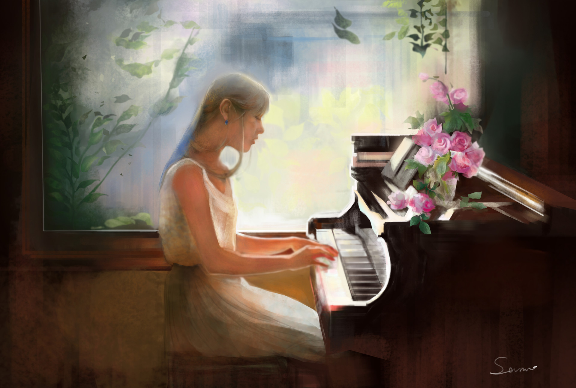 Включи лирический. Рояль в живописи. Девушка за пианино живопись. Девушка за пианино картина. Пианино и цветы живопись.