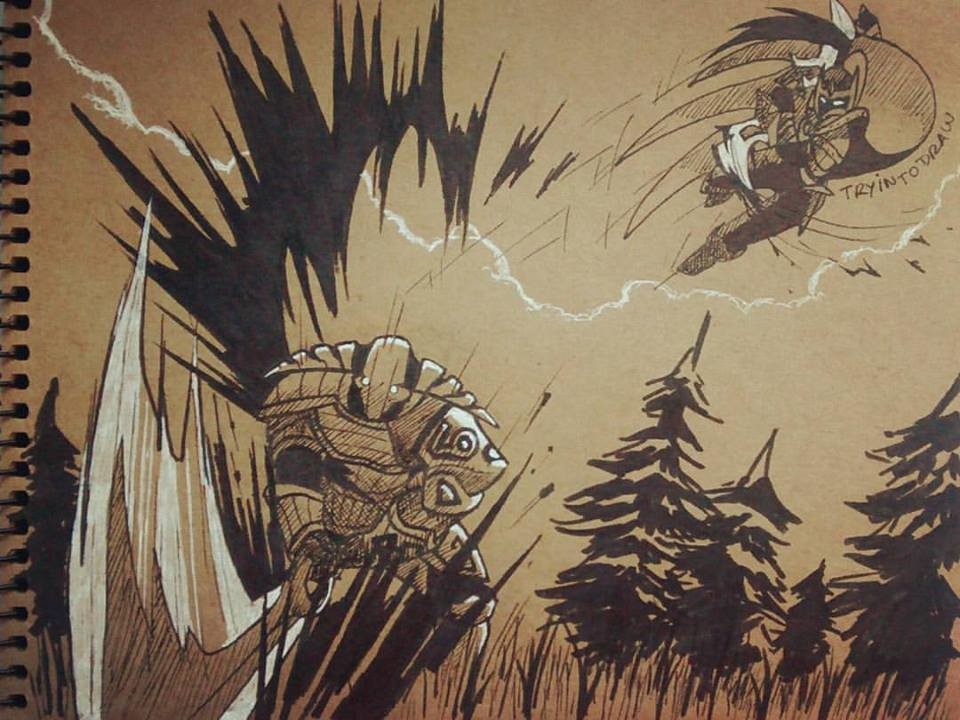 Fanart of an action fight scene between Sven and Mortred from Dota 2