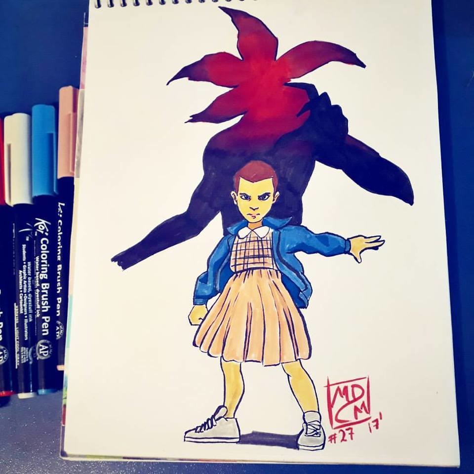 fanart of Eleven and the Demogorgon from Stranger Things.