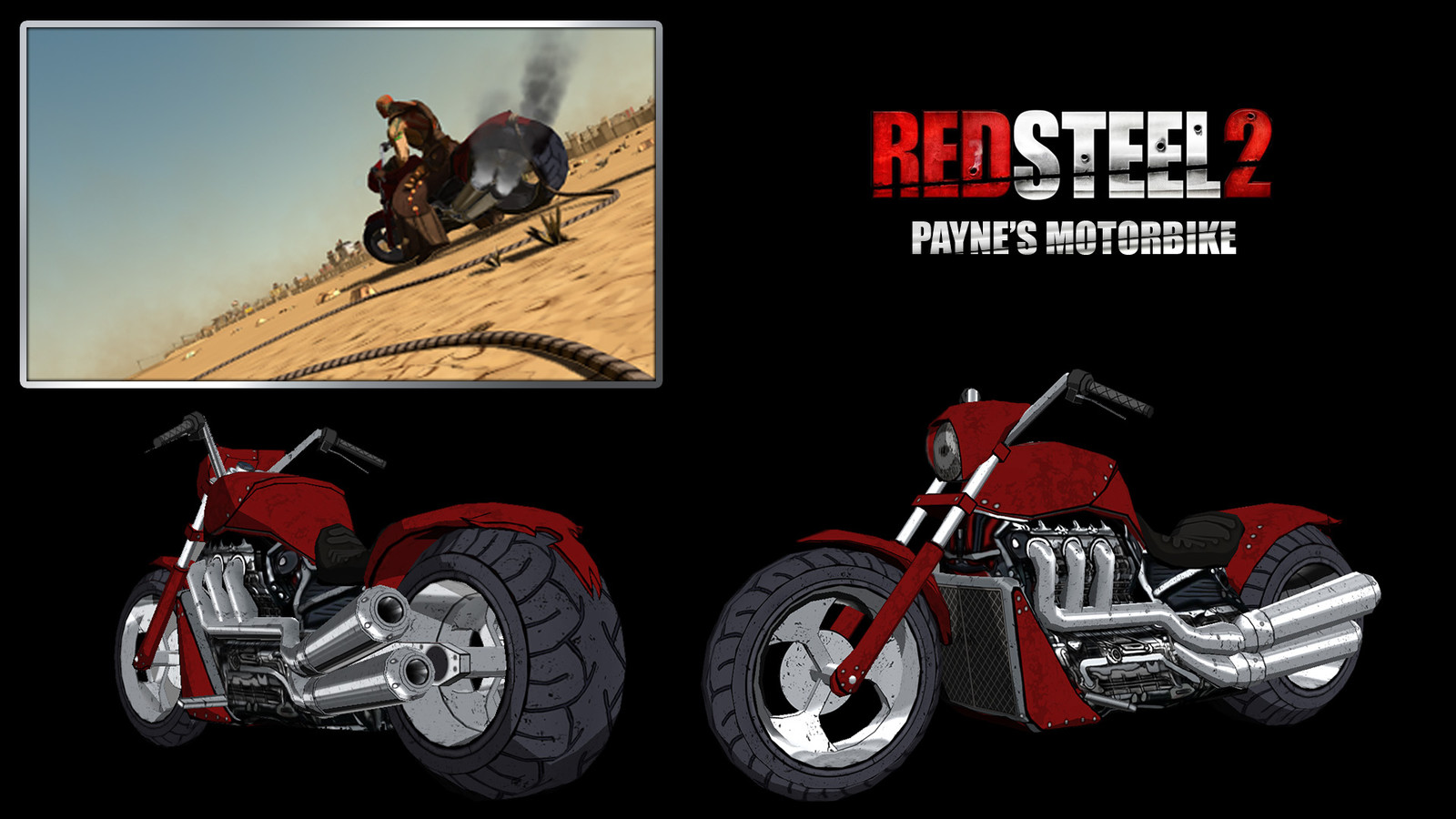Payne's custom motorbike is a mashup of different vehicles. The "cell-shaded chrome" shader was really interesting to work with.