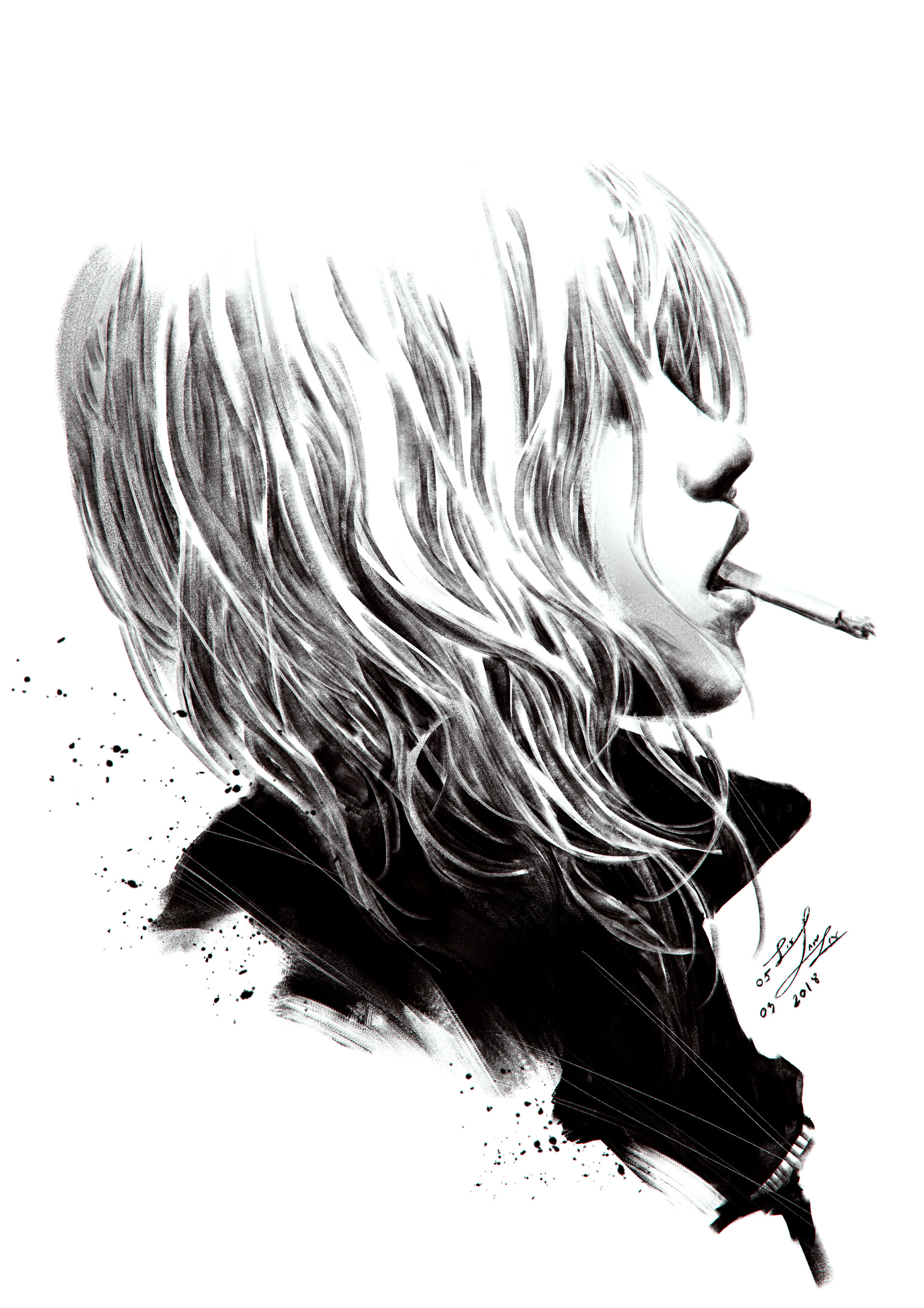 Pretty woman smoking marijuana joint. Ink black and white drawing Stock  Photo - Alamy
