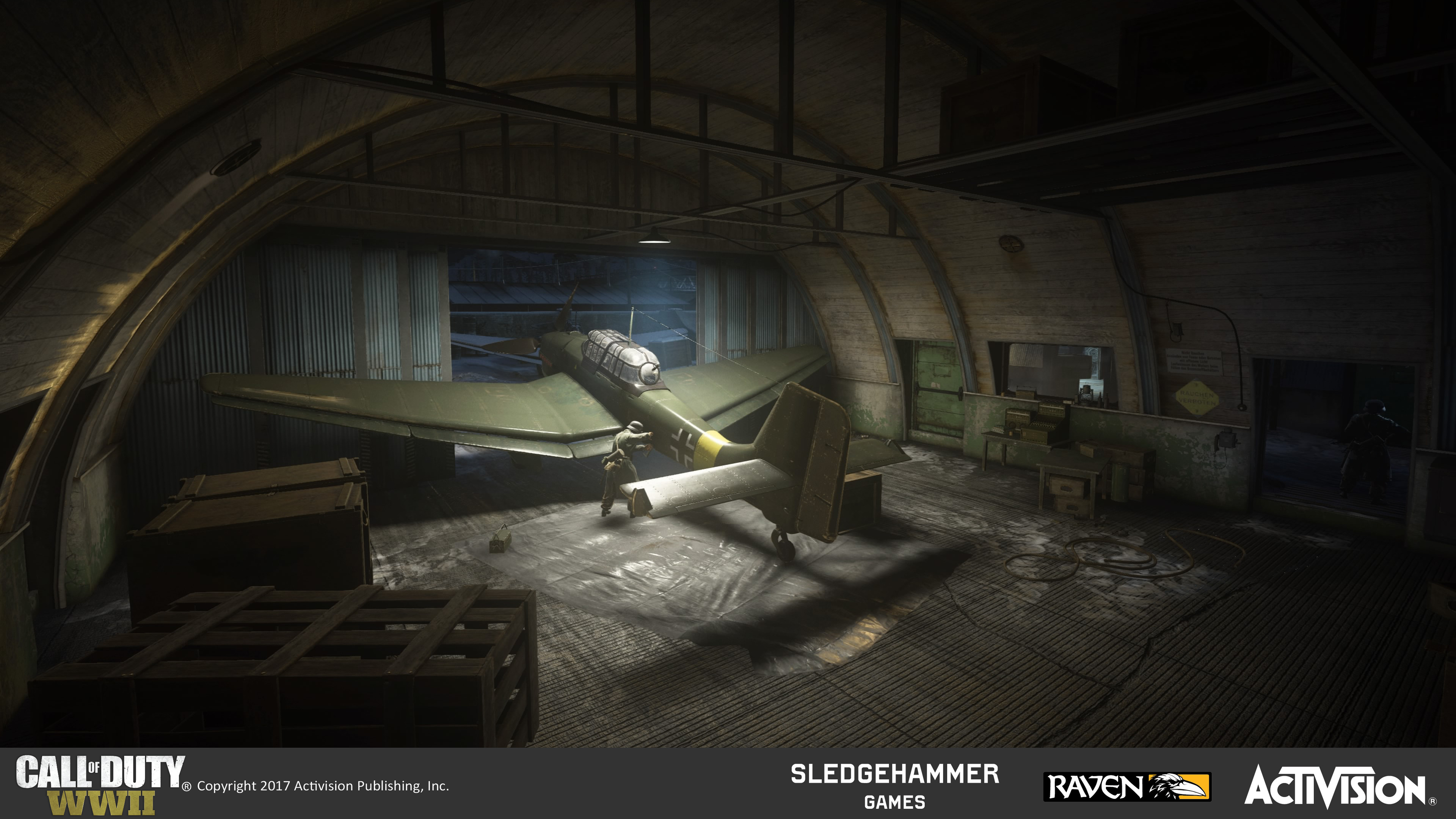 Small airplane hangar interior. Responsible for world building which included set-dressing, terrain and architecture construction, as well as material blend treatments utilizing custom and pre-existing materials.