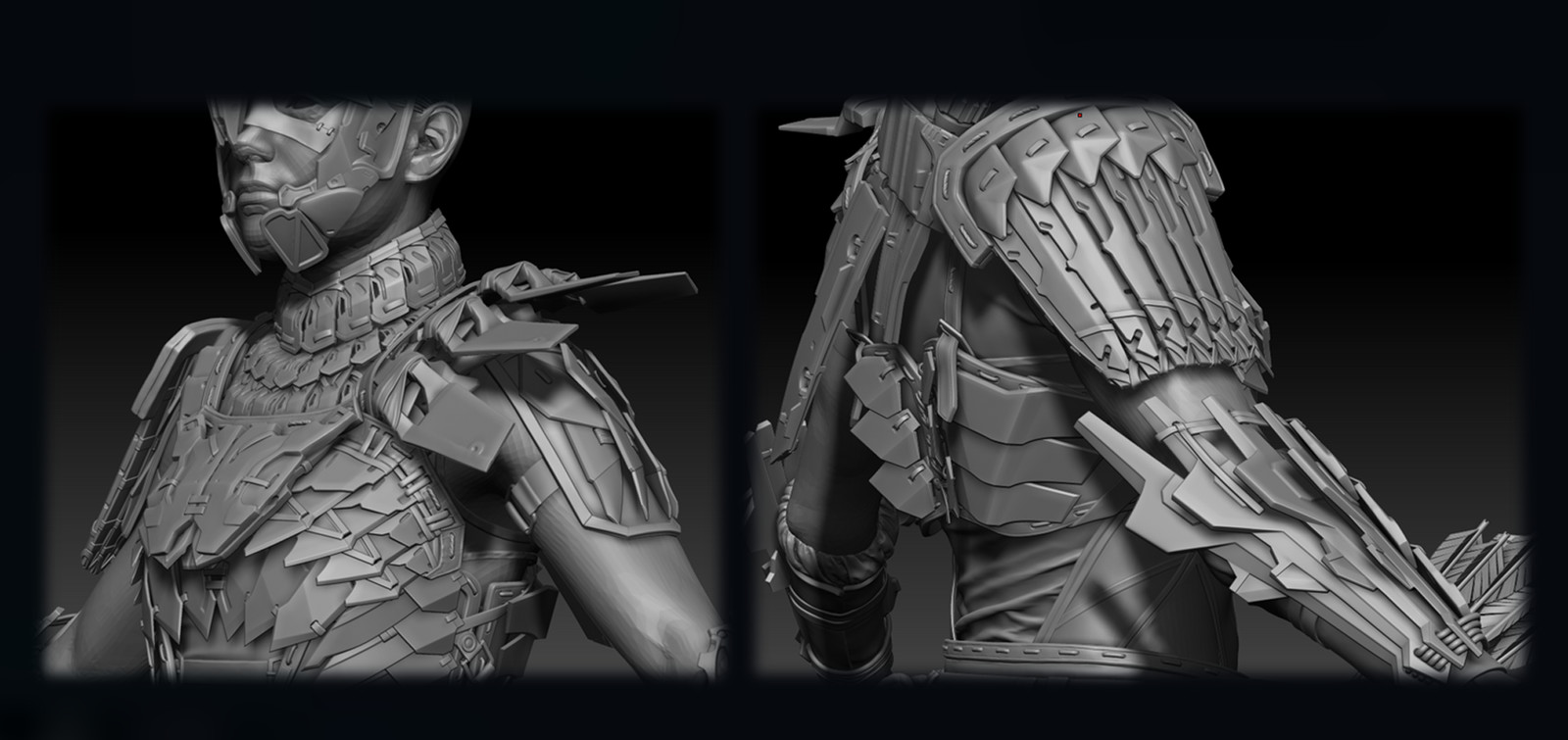 The challenge : imbrication between the more rigid armor and the softer clothing. The armor had to be aesthetically pleasing while looking realistic. The pieces need to interlock at various positions for varied situations and not restrain combat movements