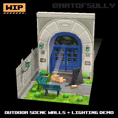 3D Pixel-Art Outdoor Scene Walls + Lighting Demo (WIP) (Commission)