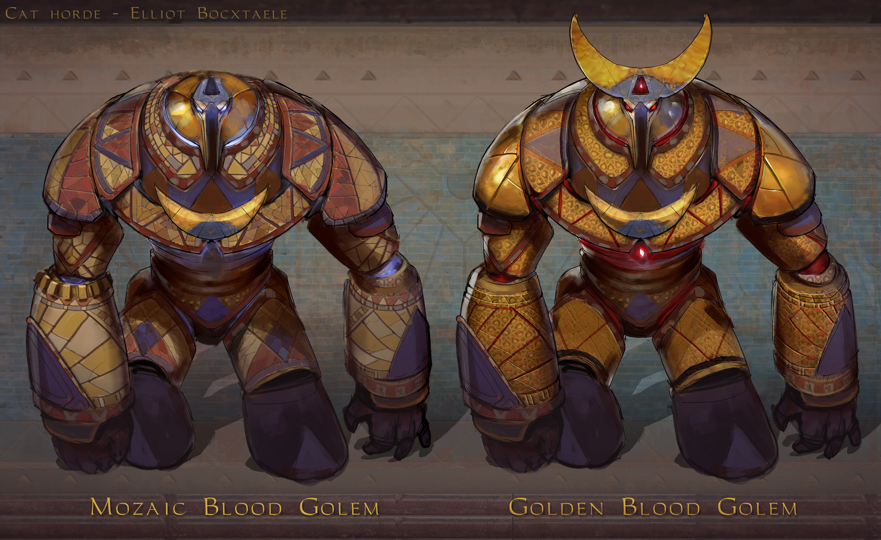 TIER 5 Mozaic Golem.
The enigmatic Blood golems are constructed by the skilled craftsmen of the Cat hordes. The Blood Mages then bring them to life by intricate blood rituals supplied from different animal sources, each specimen meticulously picked ...