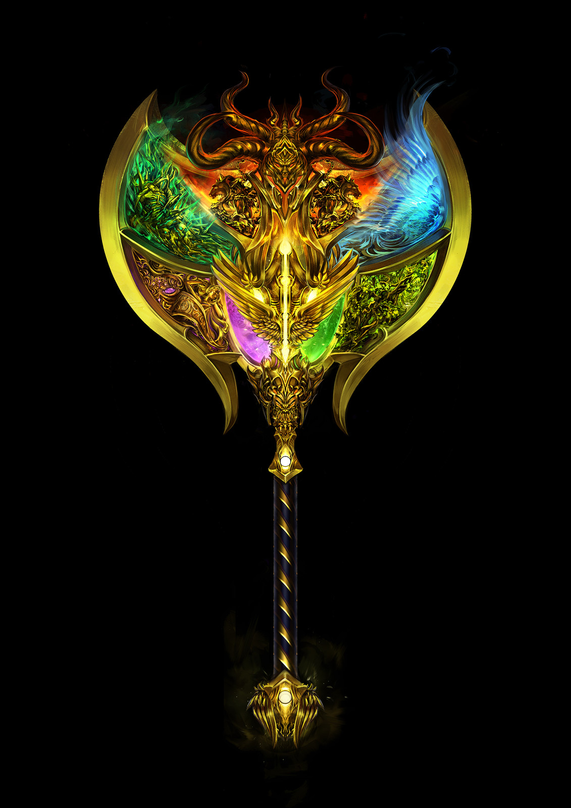 The axe is improved version of my submission for Arenanet's Design-a-Weapon Contest. 
Additionally I've designed weapon collection which could be fused together to create this ultimate weapon.