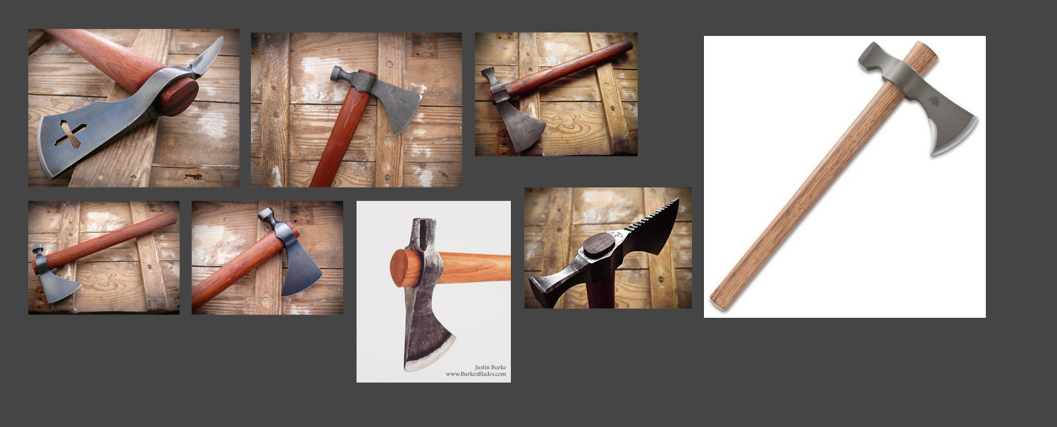 My references. I am primarily using the far-right image for reference, but taking some points of each of these in a way. Primarily the hammerhead on the bottom-right and far right, and the smooth blade of the bottom-left two.