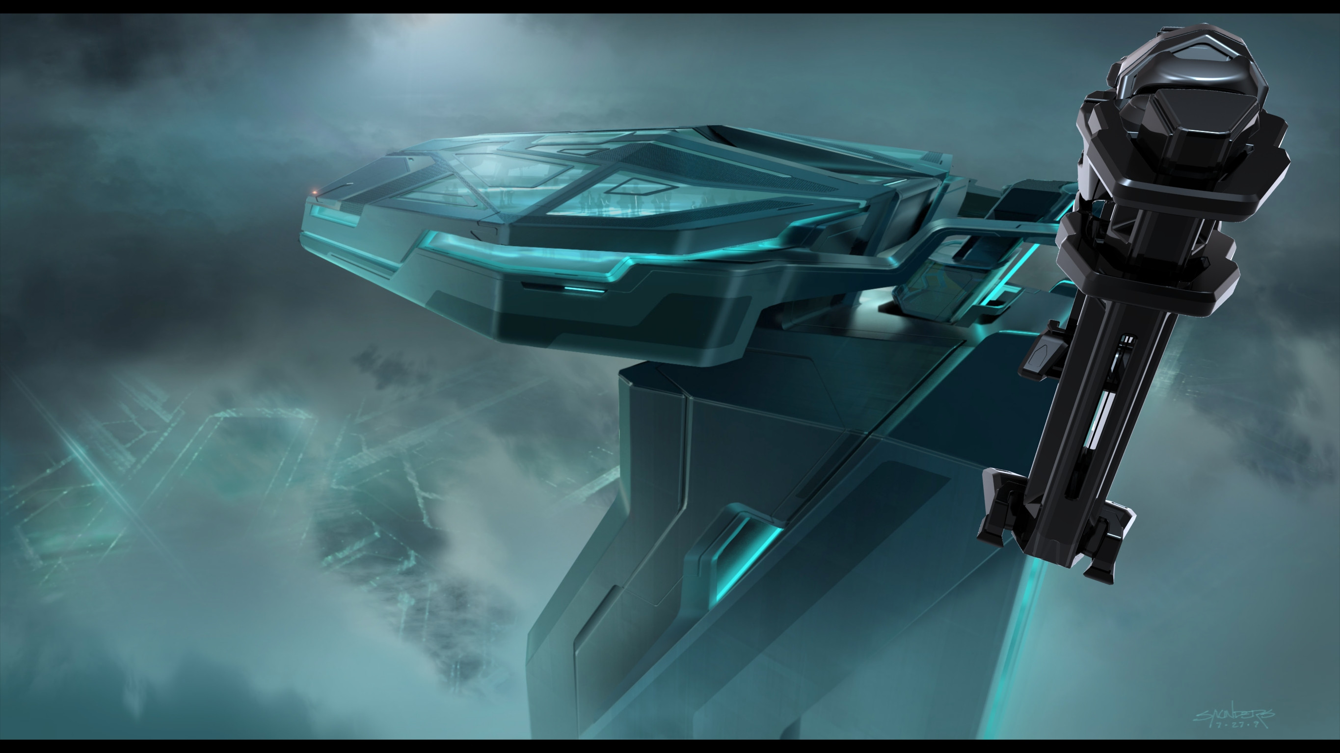 Keyframe of Clu's Recognizer docked at the End of Line Club.