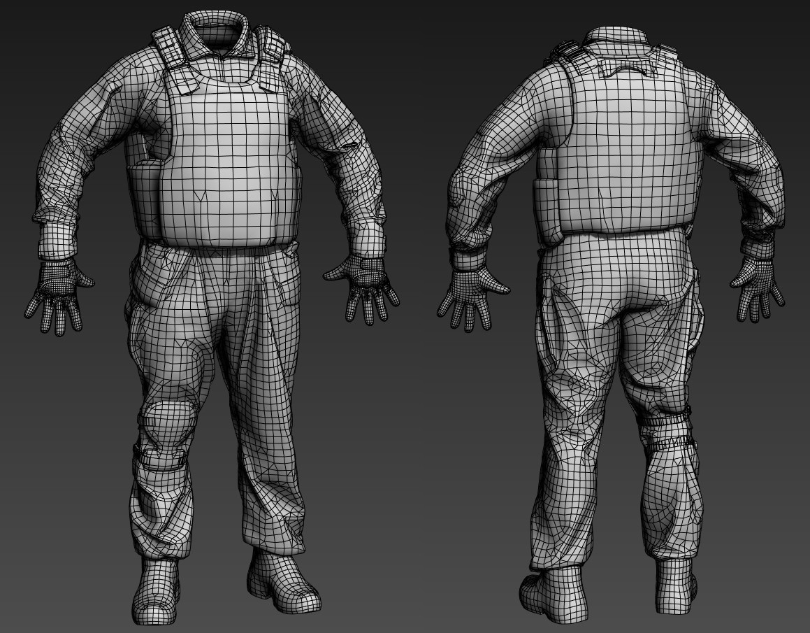 Step 4: It’s time to decimate the clean highpoly asset down into a runtime model. Don’t be shy to involve a rigger or animator for an advice on topology that keeps in mind geometric deformations during animation.