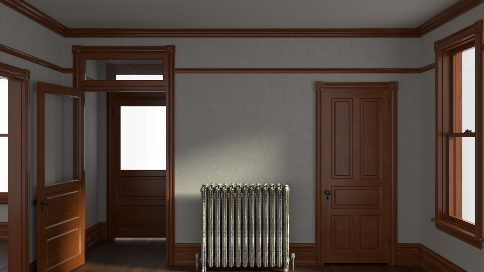 I modeled this room after my own foyer. It uses both this door set and the window set mentioned in the project description. That radiator was a great accomplishment when I made it... oh well.
