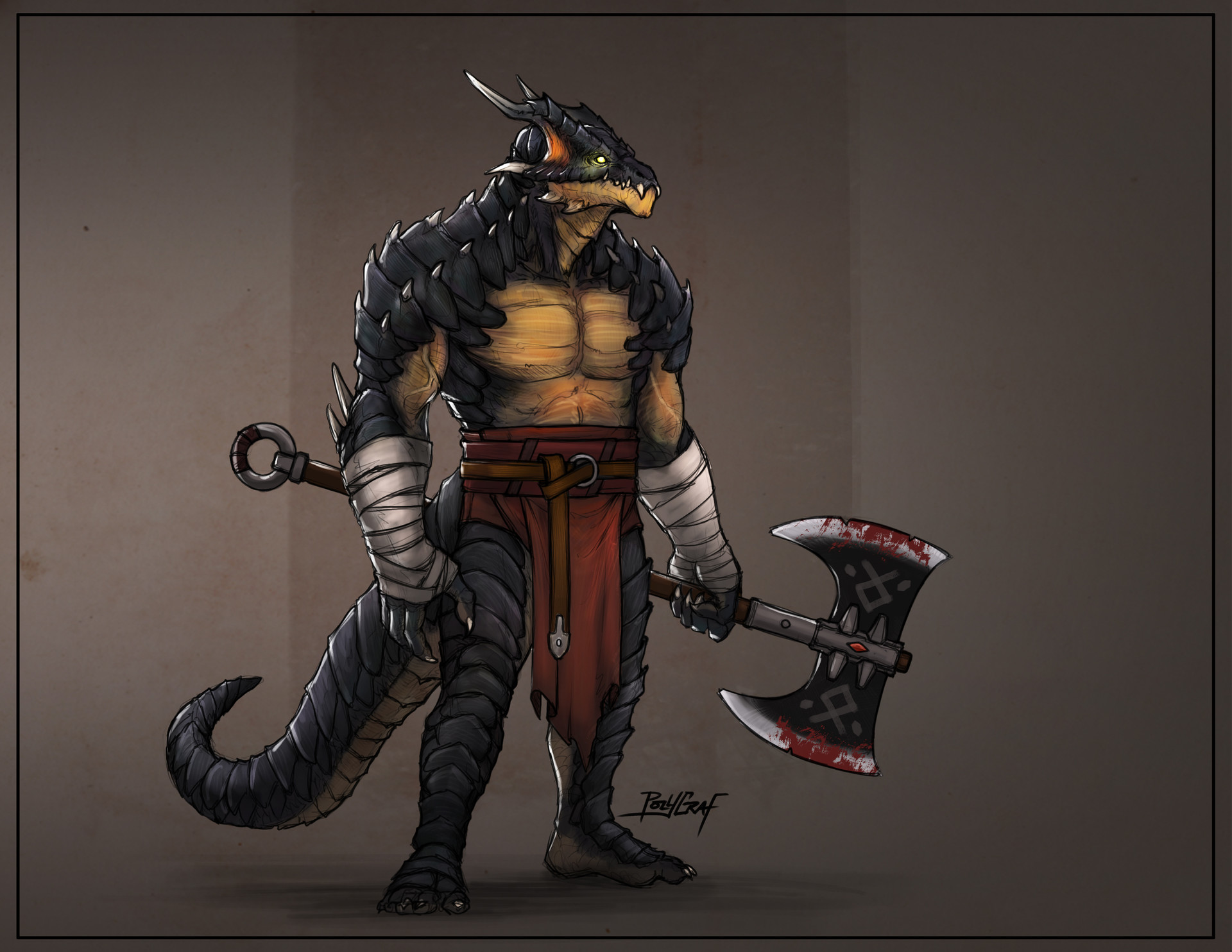Black Dragonborn Barbarian.