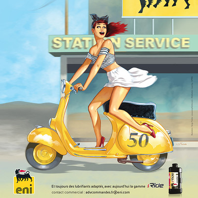 Serge fiedos eni and vespa 50 years of collaboration pin up by serge fiedos