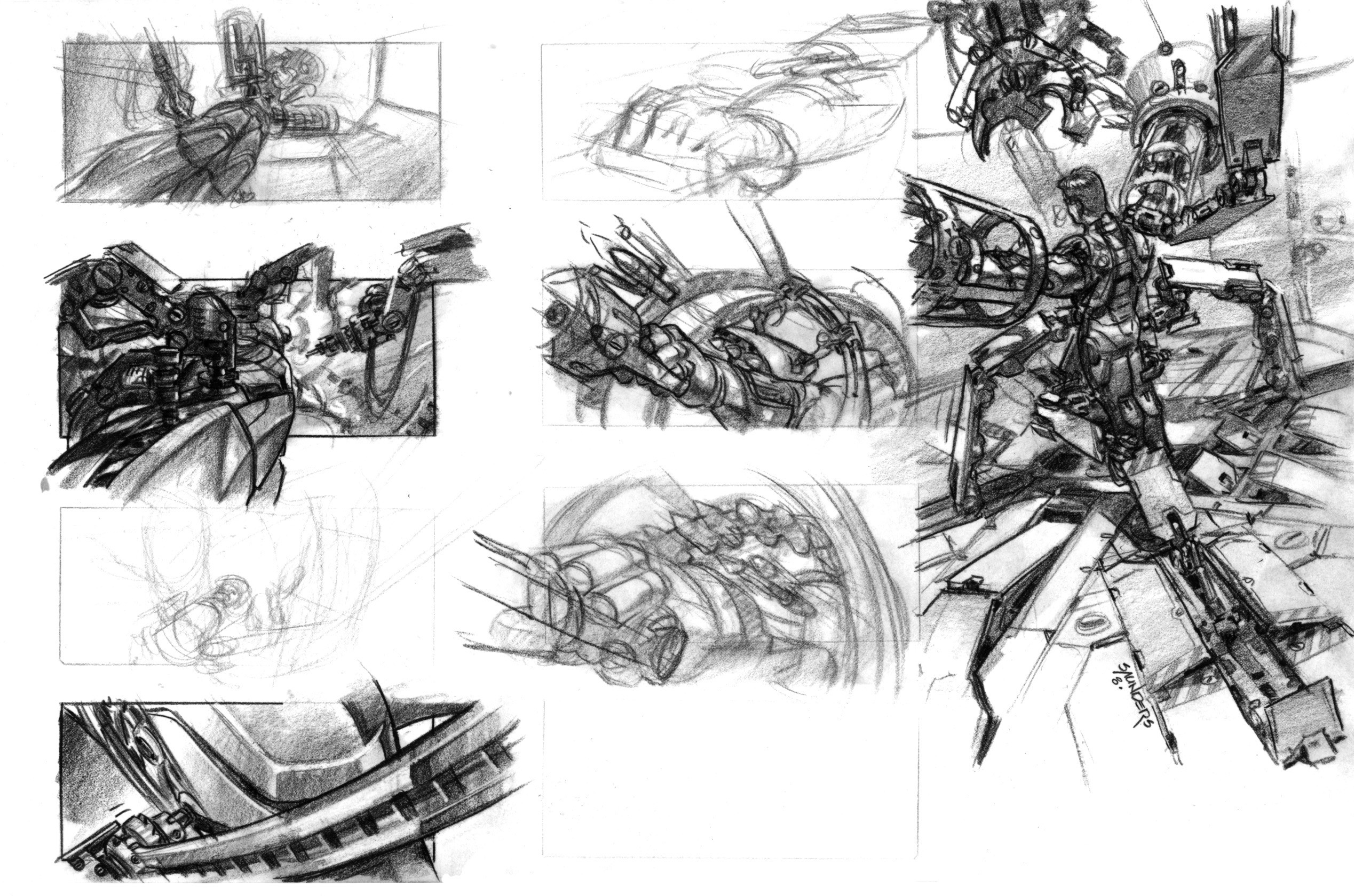 Suiting-up storyboards showing potential key shots in the suit-up sequence.(Pencil on vellum)