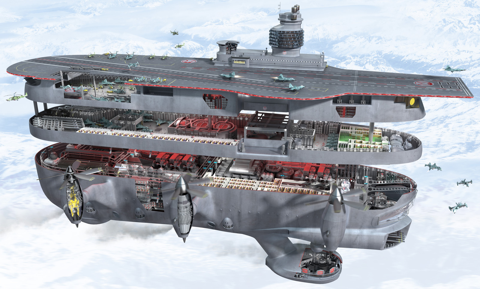 S.H.I.E.L.D Helicarrier Cutaway, with a crew up to 1000 and an operating speed of 35Mph (56Kph) it is a huge air craft.