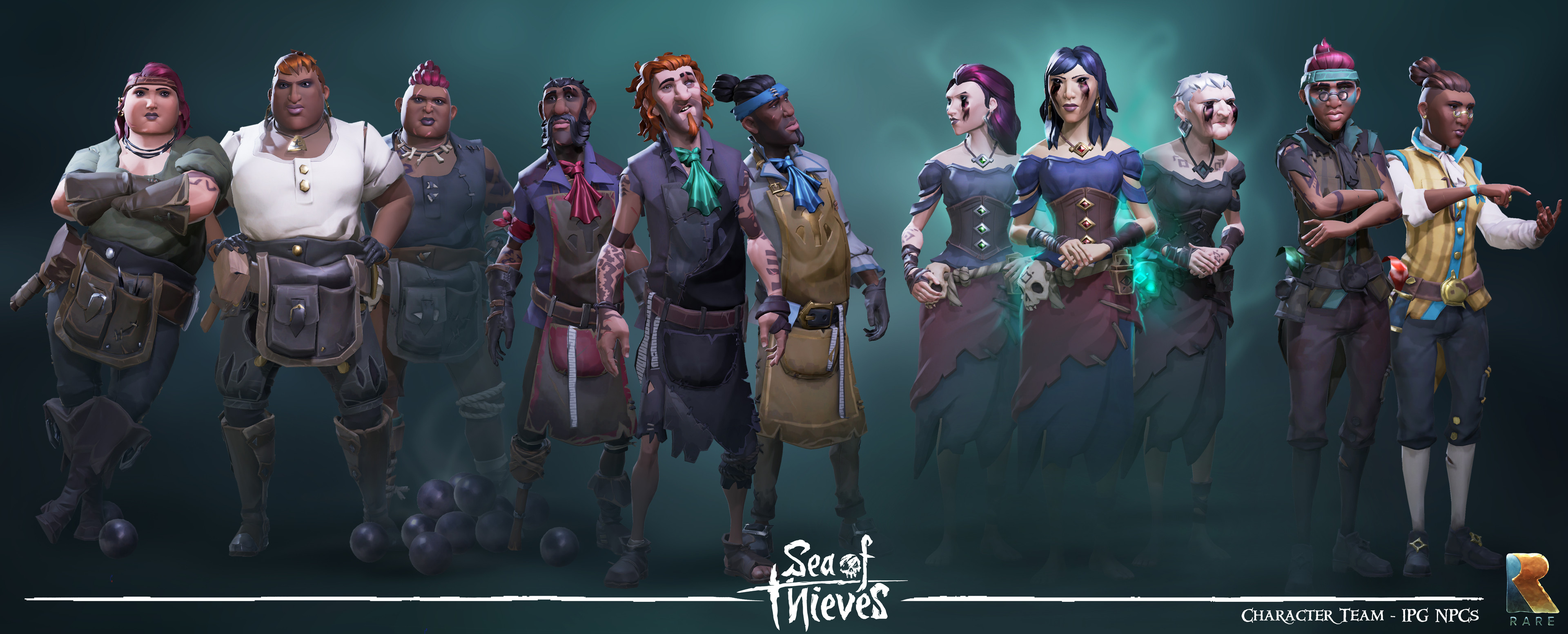 A selection of NPCs generated from the IPG.  You can see the diversity and personality of the generated characters really shine here.  All work by the Character Art team at Rare.