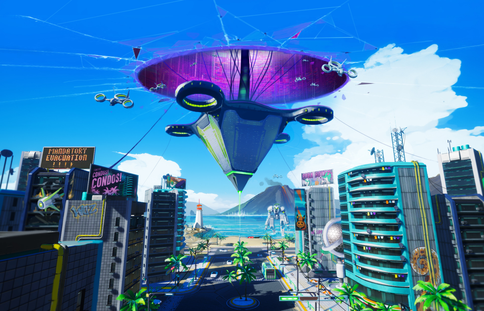 A giant evil space ship from another dimension looms above the city. What will you do to save the city!?