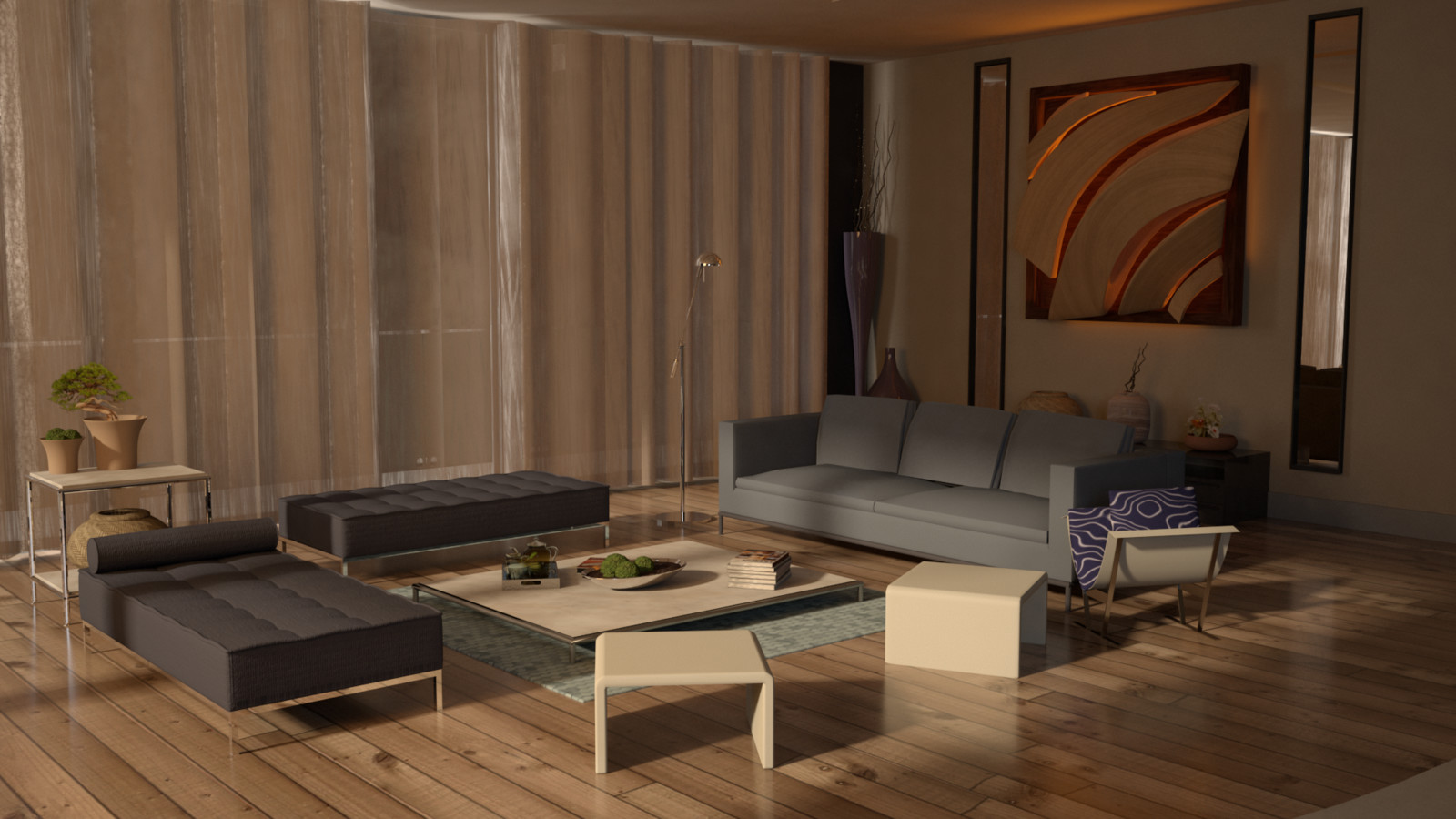 Final render of the room's wide shot. I'd opted for a softer mid-afternoon to early evening light instead to accentuate the wall art. 