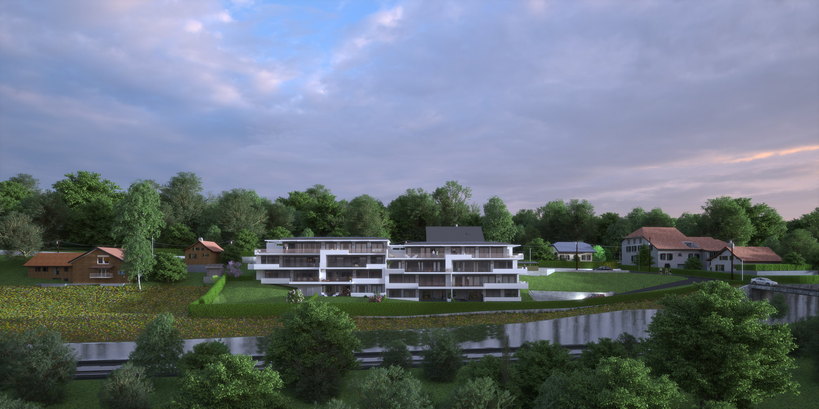 SketchUp 2018 + Thea Render 
Project Lutry Thea Full work file 05 No Fog 2018-Scene 124 2 pt layers 274 hdr 

HDR by HDRI-SKIES​ found here: http://hdri-skies.com/shop/hdri-sky-274/