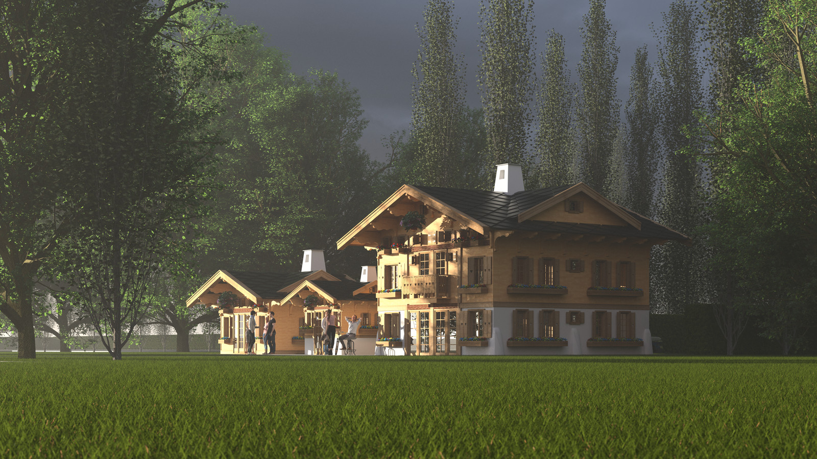 Sketchup 2018 + Thea Render 
This one is just for fun testing Thea 
Chalet large-Scene 6 252 hdr fog

HDR by HDRI-SKIES​ found here: http://hdri-skies.com/shop/hdri-sky-252/