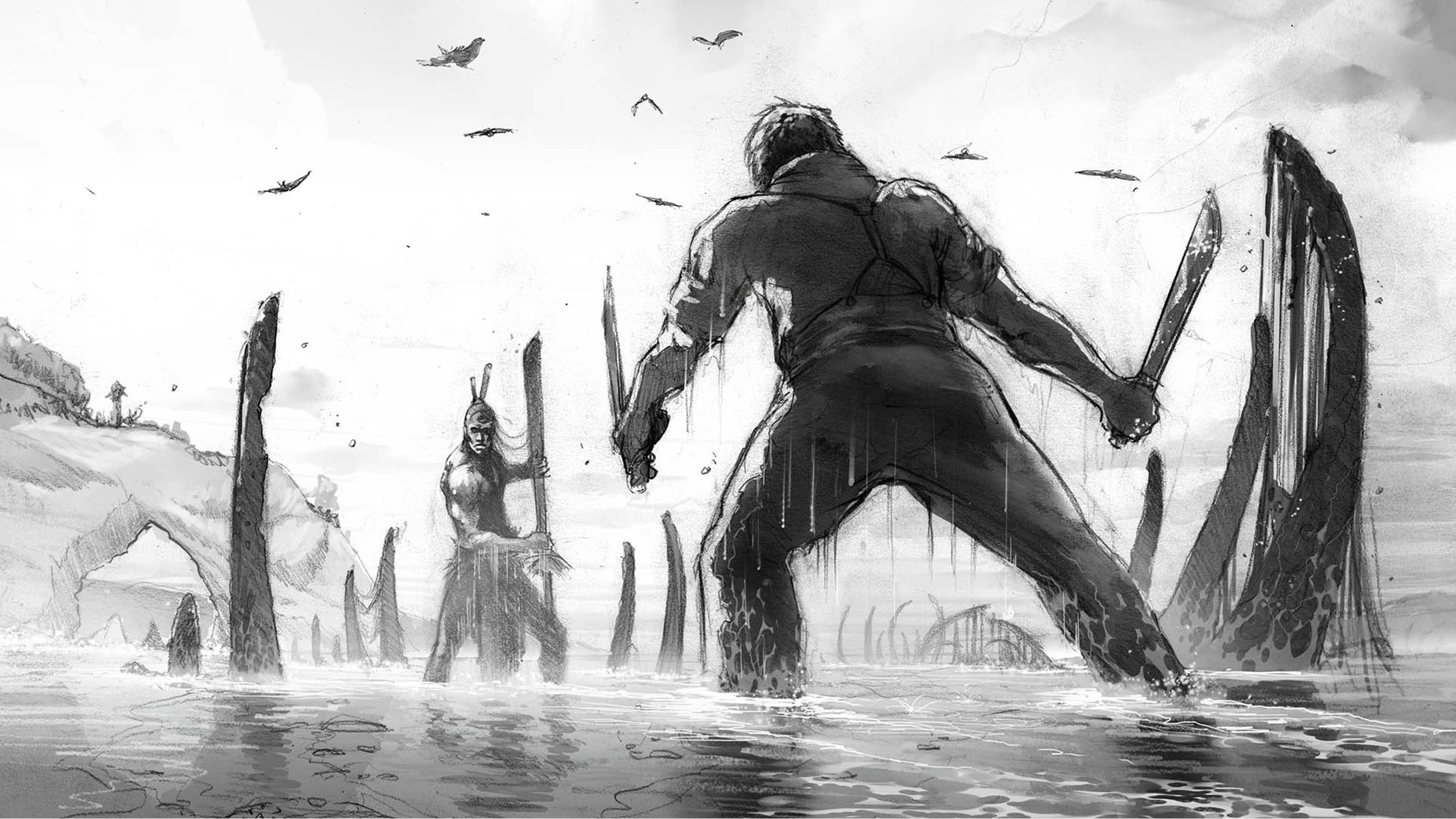 Heavy rendered sketch with ques for depth and tone. Darker Values at the FG