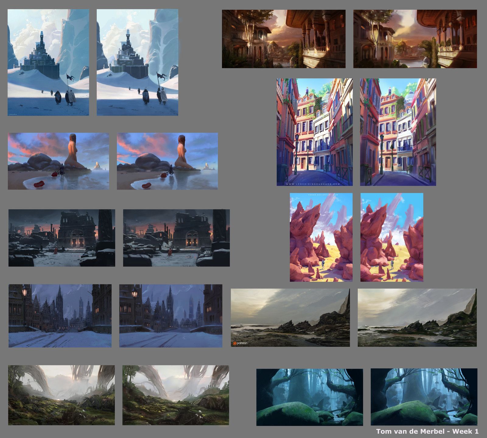 1hr Thumbnail Copies. Originals on the left. Artists: from up to down/left to right: 

J. Paillotin
James Zapata
J. Paillotin
Titus Lunter
Titus Lunter
Titus Lunter
Sylvain Sarrailh
Sylvain Sarrailh
Titus Lunter
J. Paillotin

