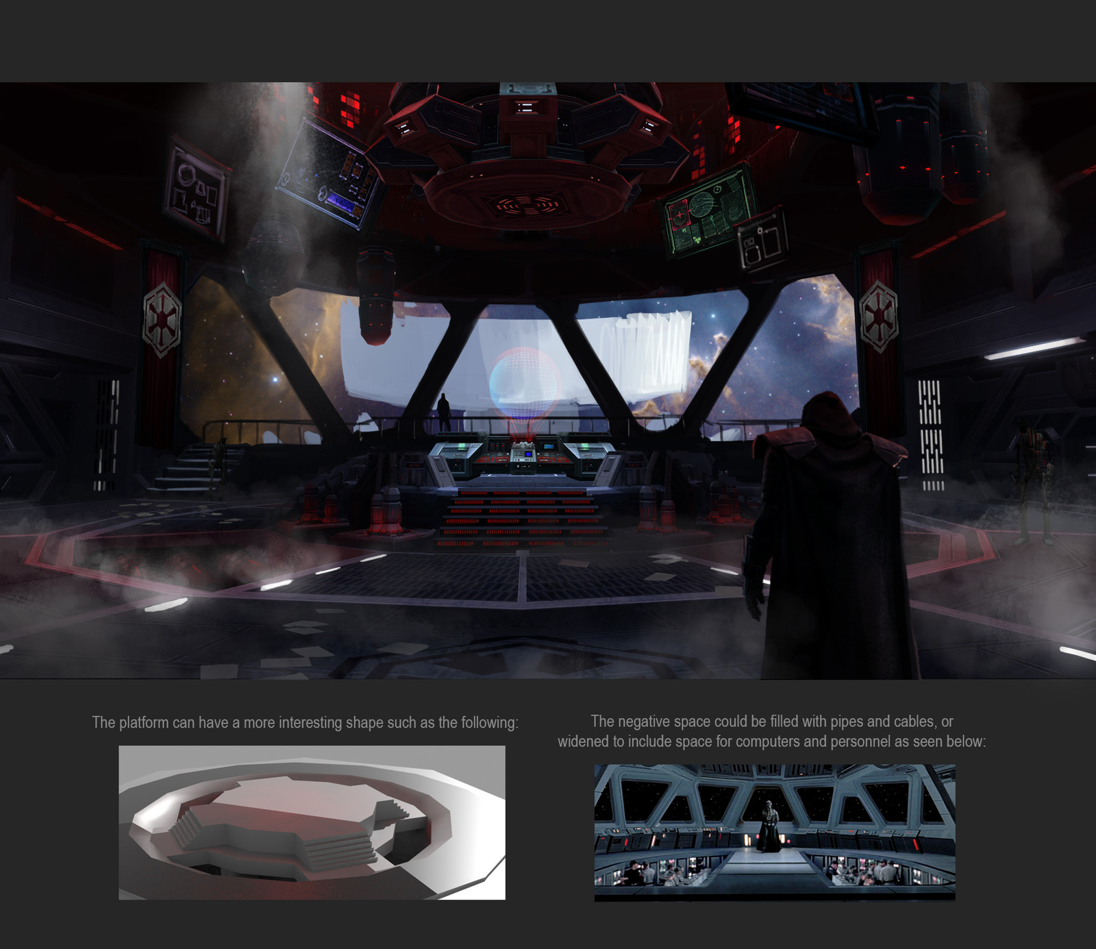 A room on the station with a viewport of a giant satellite, I wanted to keep the iconic Star Wars Imperial aesthetic.