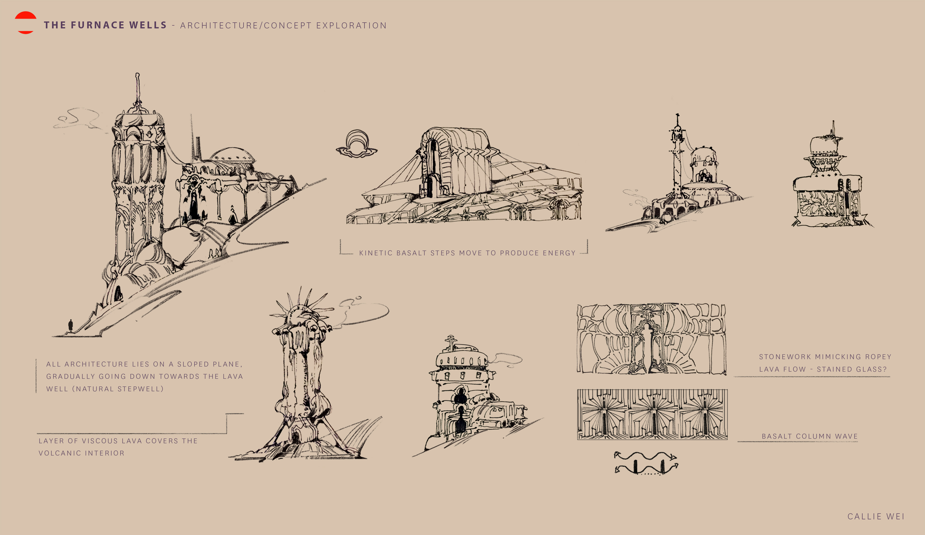 Exploring organic architectural forms, keeping in mind how the lava would look as it layers/gets carved